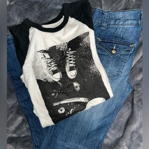 SO blue low rise flare jeans & Converse Black/White mid length top: Bundle 2
